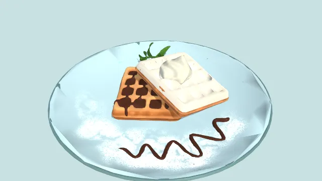 两片比利时的华夫饼甜点食物放在蓝色盘子里