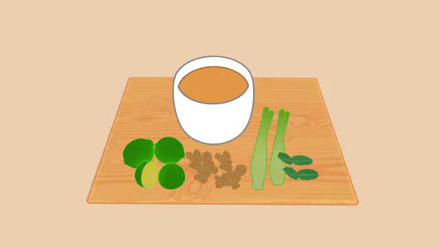 菜板放有蔬菜水果茶杯草本饮料