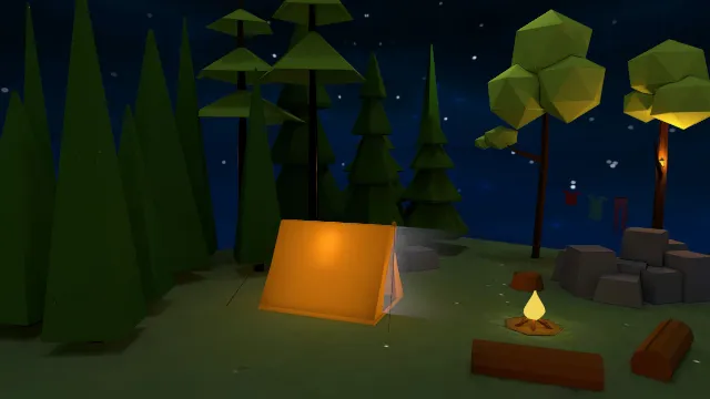 低多边形营地夜晚场景树木森林帐篷火堆