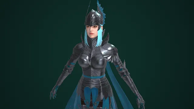 游戏女角色  星纹装饰  金属铠甲  冷色调  羽翼头盔  银蓝撞色