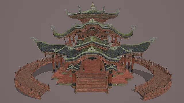 国风传统风格多层重檐廊桥式建筑模型