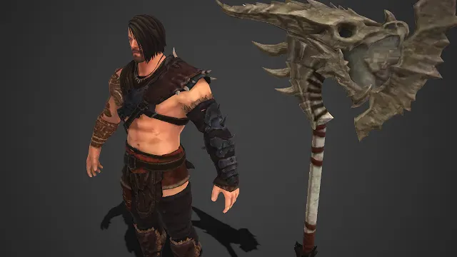 蛮族狂战士  龙首巨斧  露肤战甲  皮革护具  近战角色  野性粗犷  3D 模型  健硕男性