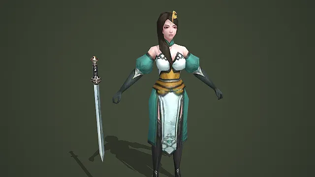 青绿色古风女剑客配长剑角色模型