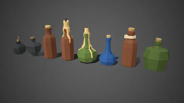 低多边形  奇幻瓶罐  细颈瓶  宽腹瓶  木塞  蜡封  魔法药剂  魔法工坊