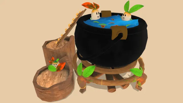 泡有可爱小萝卜人的大锅蔬菜角色