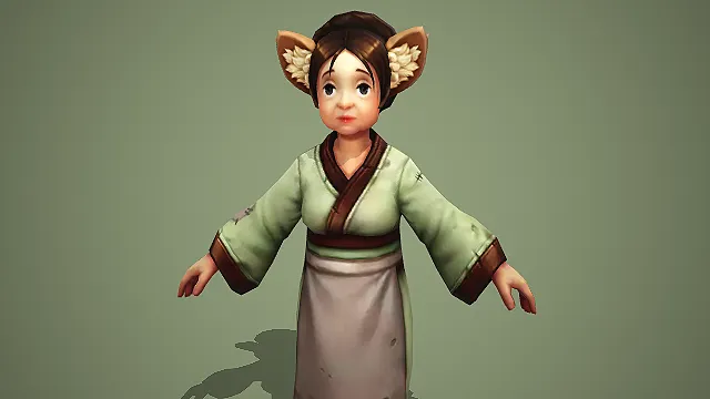 穿素色汉服的鼠耳村姑古风游戏 NPC 角色模型