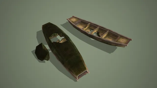 写实风格碎裂木船残骸与石块组合 3D 水上场景道具模型