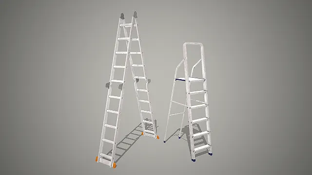 一组银白色的，写实风格铝合金梯子3D模型