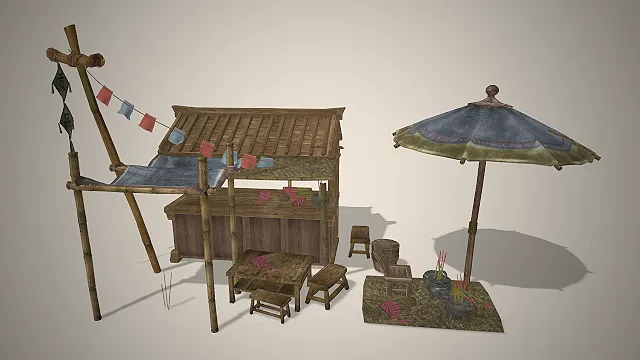 古风香烛摊  竹制遮阳棚  祭祀用品  庙会场景