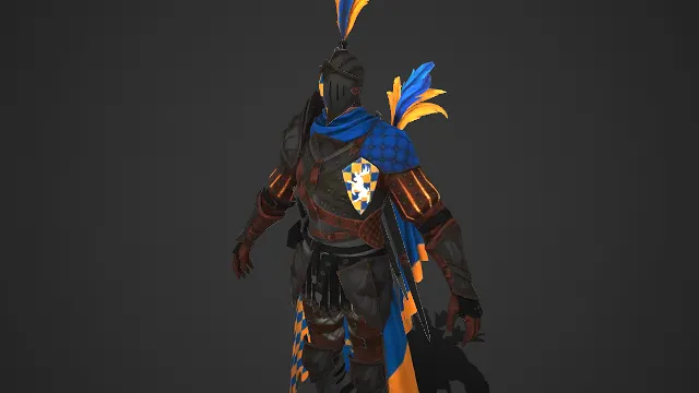 蓝金纹骑士 羽饰头盔 双色披风 复古重甲 骁勇战士  3D 角色模型  蓝金配色