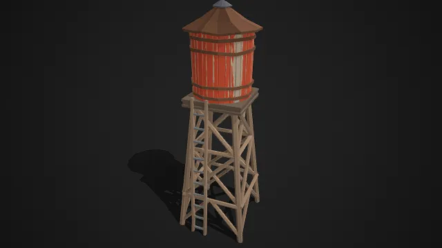低多边形  水塔  多边形顶盖  锈迹纹理  圆柱水箱  桁架式支架  金属梯子  复古工业感