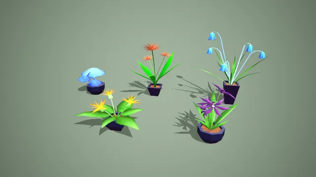 卡通低模多色盆栽植物 3D 模型套装 室内装饰素材