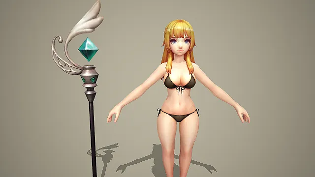 卡通写实风黑色比基尼少女法师带绿晶法杖 3D 游戏角色模型