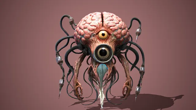 D写实风科幻脑形生物模型，创意设计（3D生物、写实风格、诡异科技感，奇幻主题，生物元素）