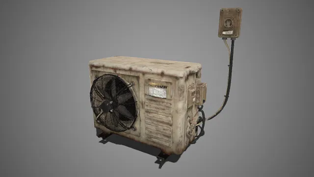 工业风格  户外机组设备  金属外壳  黑色扇叶通风口  电气控制部件  线缆  