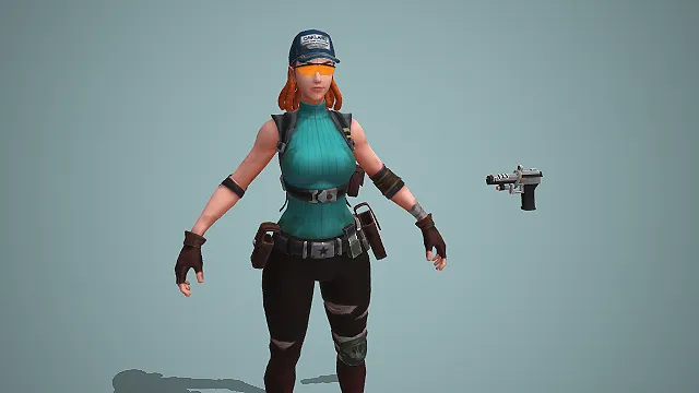 卡通废土风女枪手角色 3D 模型 配手枪工具套装