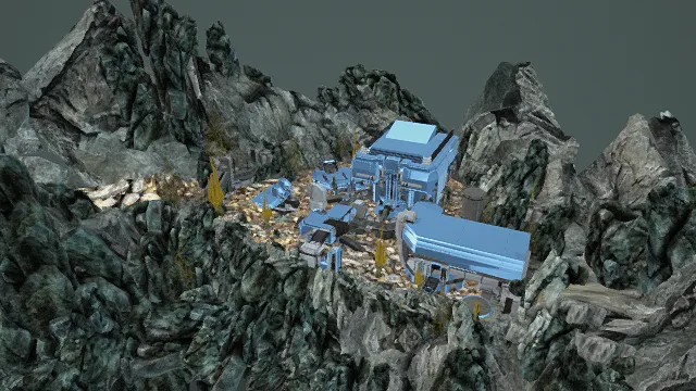 卡通风格3D科幻山间基地场景模型，创意设计（卡通科幻山间基地、山间基地场景、嶙峋山石、蓝色科幻建筑、散落设备）