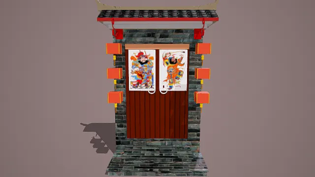 3D卡通风格中式木门模型，创意设计（3D物品、卡通风格、喜庆传统，文化主题，物品元素）