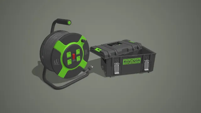 绿黑工业电缆盘与工具箱两件套 3D 模型