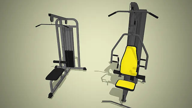 一组商用综合训练器的3D模型，是上肢力量训练的专业健身房器材