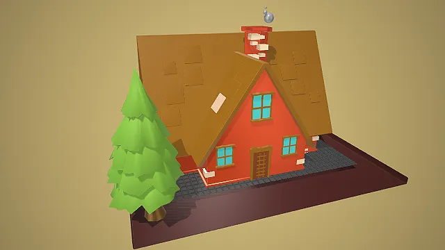 卡通风格红砖尖顶小屋 3D 低多边形场景装饰模型