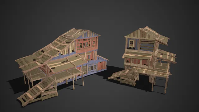 低多边形  悬空式破败木屋  高脚支架  楼阁式建筑  旧木板  萧瑟颓败  废弃吊脚楼  