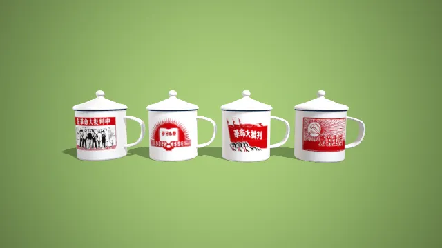 卡通风格革命主题带盖搪瓷杯组合 3D 低多边形复古场景装饰模型