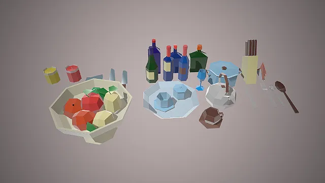 一组低多边形卡通风格的3D厨房与餐桌道具模型集合