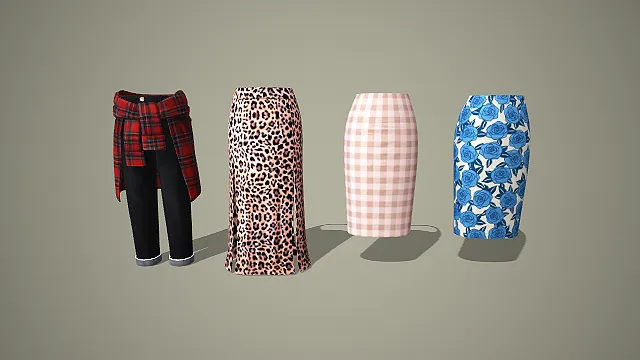 衬衫绑腰裤与豹纹格纹玫瑰印花半身裙四件套 3D 模型