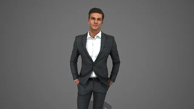 深灰西装男性双手插兜站姿商务人物 3D 模型