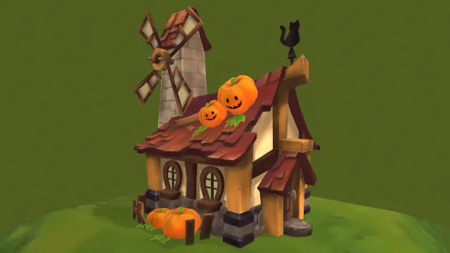 卡通风格化农民的房子木屋建筑南瓜风车