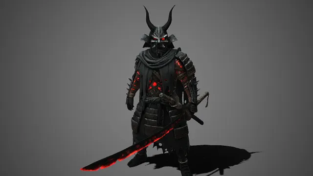 暗黑风格  武士角色  金属头盔  尖刺  太刀  日式  邪恶凶悍  反派