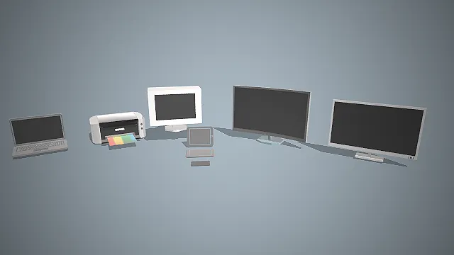 一组低多边形风格的3D办公数码设备模型集合