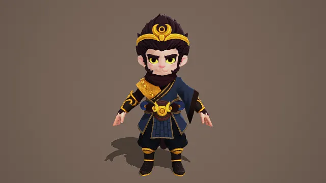 3D卡通风格齐天大圣角色模型，创意设计（3D角色、卡通风格、英气可爱，东方神话主题，角色元素）