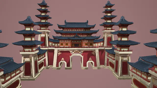 3D卡通风格中式宫殿建筑群模型，创意设计（3D建筑、卡通风格、华丽庄重，文化主题，物品元素）