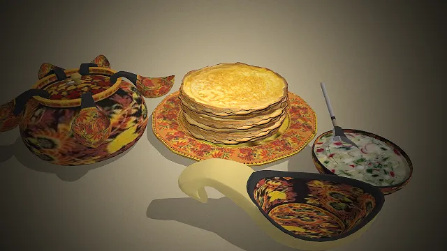 一个写实风格的3D俄式传统早餐模型