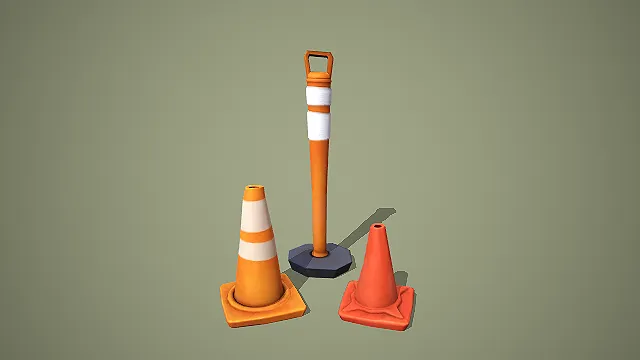 反光柱与两款锥形路障组合的交通警示设施模型