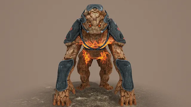 3D卡通风格棕黑橙系岩石怪兽角色模型，创意设计（3D怪兽、卡通风格、卡通奇幻风，角色设计主题）