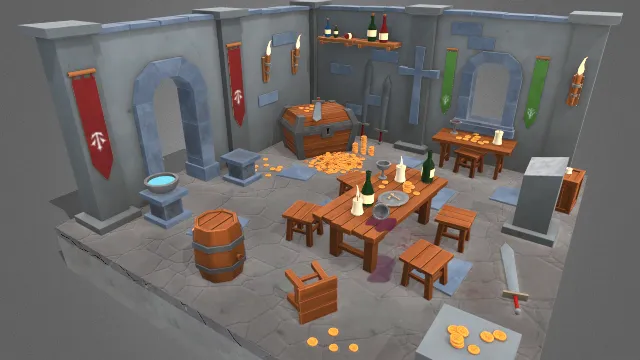 风格化中世纪城堡房间场景道具