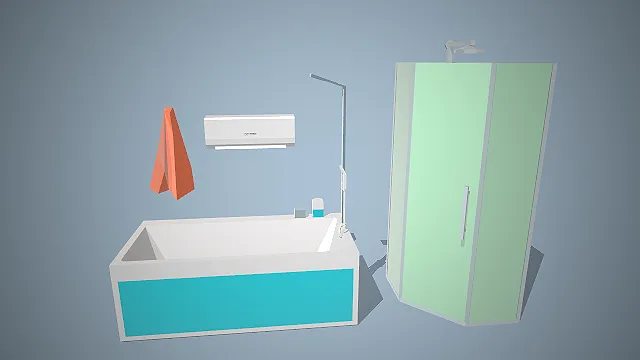 一个低多边形卡通风格的3D浴室场景道具模型