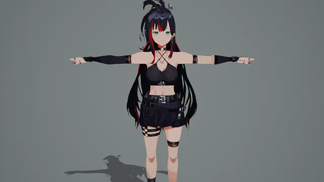 卡通风格3D朋克风少女模型，创意设计（卡通朋克风少女、3D模型、黑红主色调、挑染长发、露脐装与短裙、绑带与厚底靴细节）