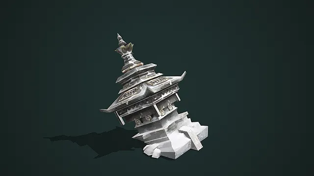 冰雪中倾斜破损的古风石塔低模