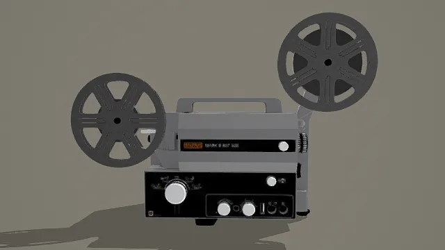 3D卡通风格复古电影放映机模型，创意设计（3D放映机、卡通风格、复古影视风，放映机设计主题）