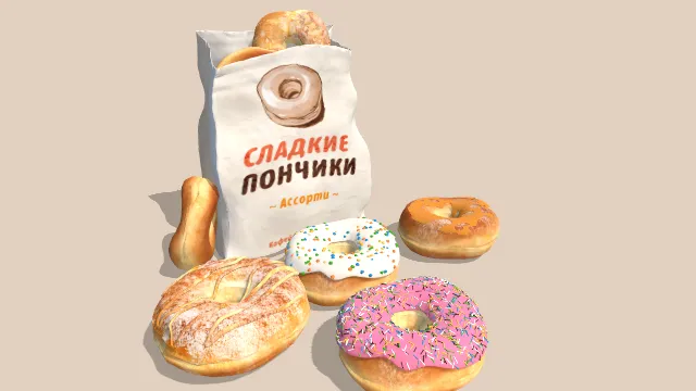 纸袋包装的各种口味甜甜圈甜品