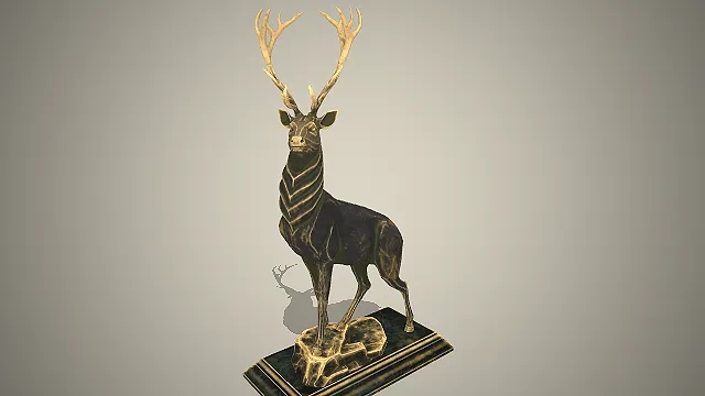 一个青铜质感的雄鹿雕塑模型，带有复古做旧的金属纹理