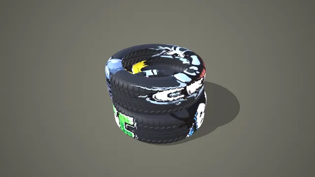 写实风格双层堆叠彩绘轮胎 3D 街头潮流道具模型