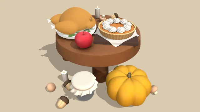 风格化感恩节食物有肉蔬菜蛋糕水果