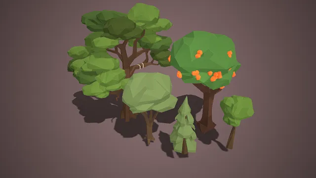 低多边形  田园风树木  橙色果实  林木  阔叶树  简约卡通  森林