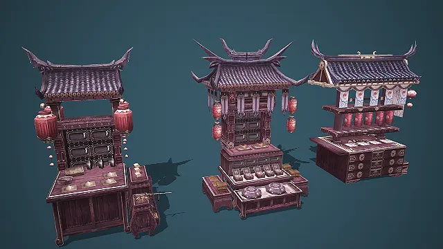 古风武侠风格商铺摊位游戏场景模型包
