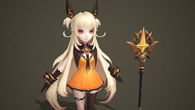 兔耳少女法师角色模型配橙金水晶权杖